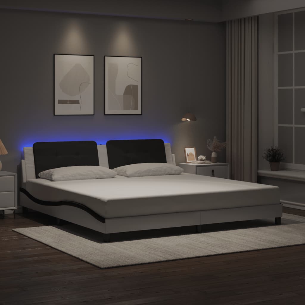 vidaXL Cadru de pat cu lumini LED alb/negru 200x200 cm piele ecologică vidaXL Cadru de pat cu lumini LED alb/negru 200x200 cm piele ecologică