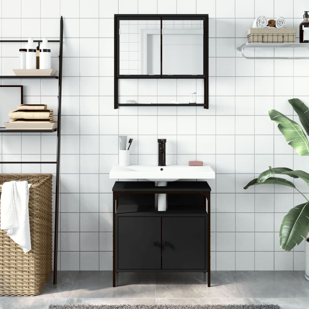 vidaXL Set mobilier de baie, 2 piese, negru, lemn compozit vidaXL Set mobilier de baie, 2 piese, negru, lemn compozit