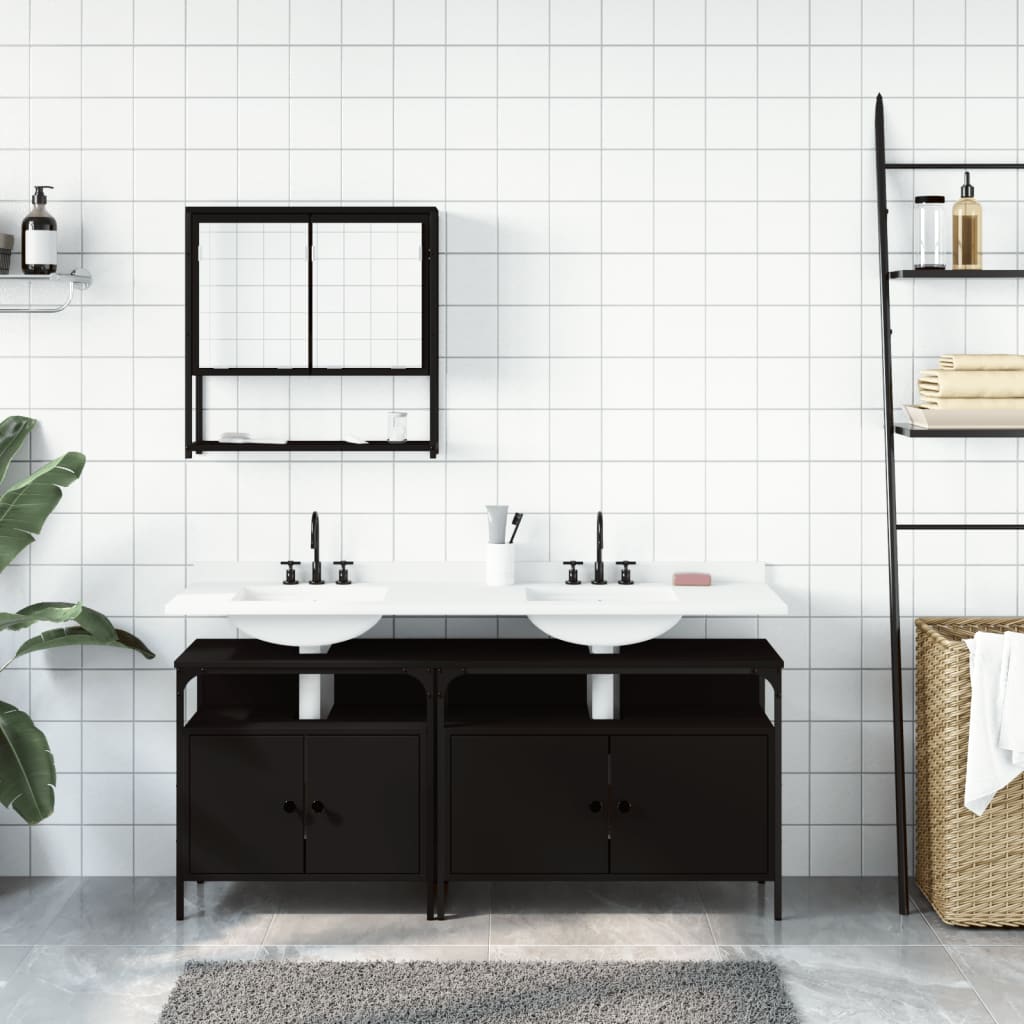 vidaXL Set mobilier de baie, 3 piese, negru, lemn compozit vidaXL Set mobilier de baie, 3 piese, negru, lemn compozit