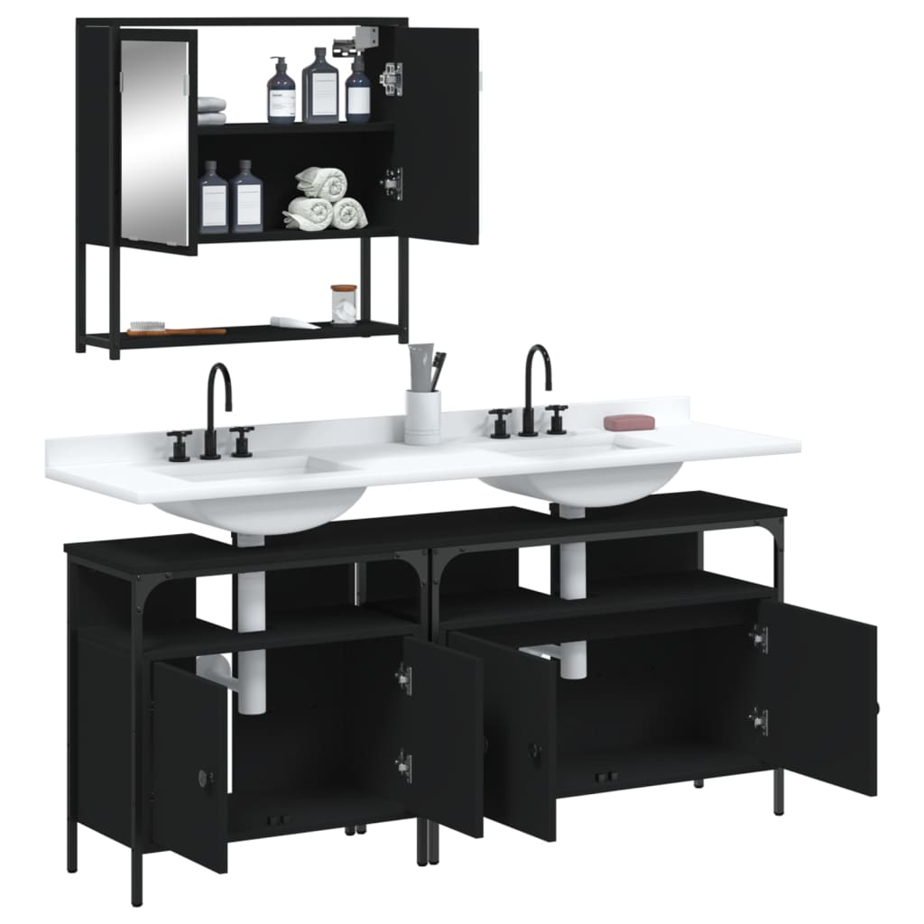 vidaXL Set mobilier de baie, 3 piese, negru, lemn compozit vidaXL Set mobilier de baie, 3 piese, negru, lemn compozit