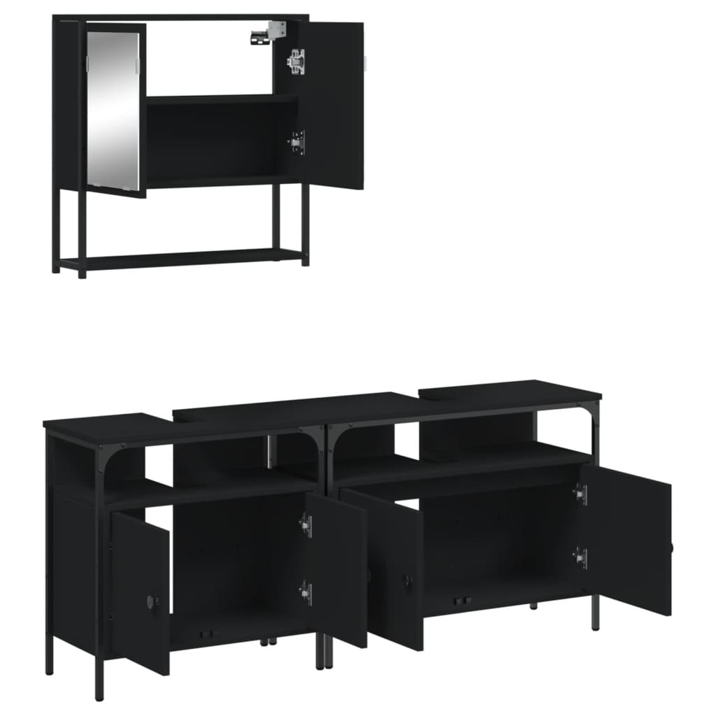 vidaXL Set mobilier de baie, 3 piese, negru, lemn compozit vidaXL Set mobilier de baie, 3 piese, negru, lemn compozit