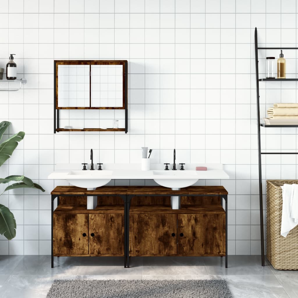 vidaXL Set mobilier de baie, 3 piese, stejar fumuriu, lemn prelucrat vidaXL Set mobilier de baie, 3 piese, stejar fumuriu, lemn prelucrat