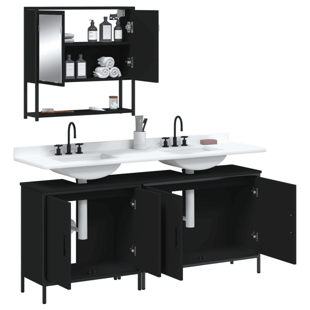 vidaXL Set mobilier de baie, 3 piese, negru, lemn compozit vidaXL Set mobilier de baie, 3 piese, negru, lemn compozit