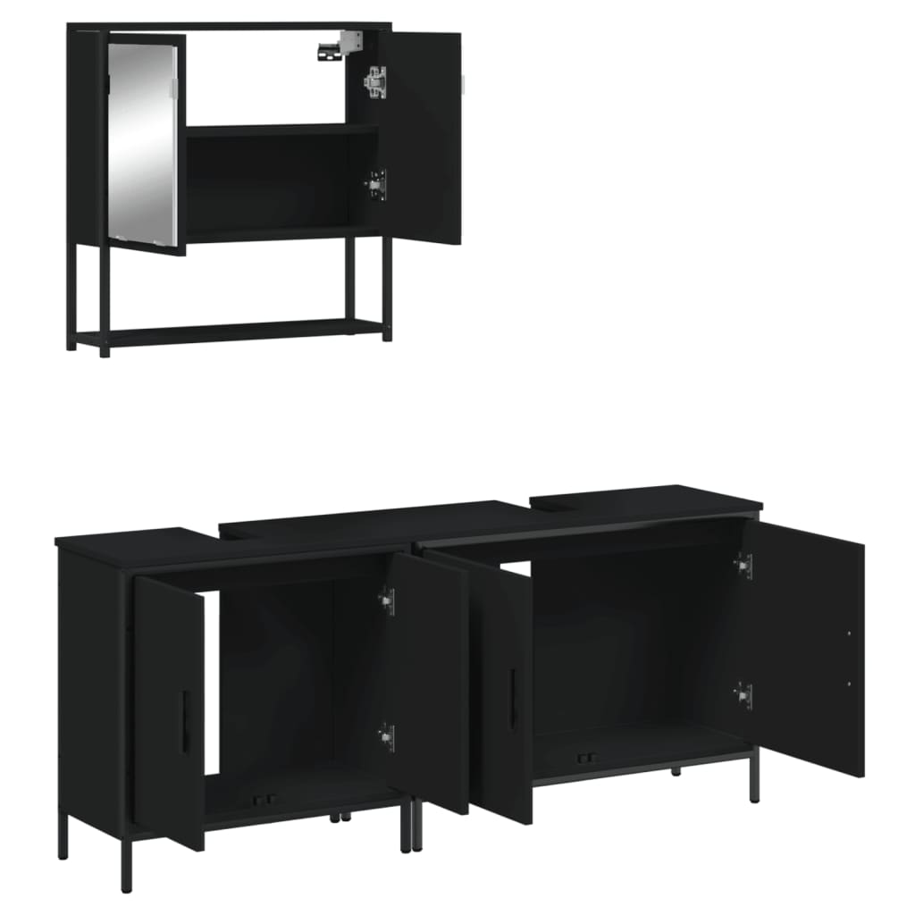 vidaXL Set mobilier de baie, 3 piese, negru, lemn compozit vidaXL Set mobilier de baie, 3 piese, negru, lemn compozit
