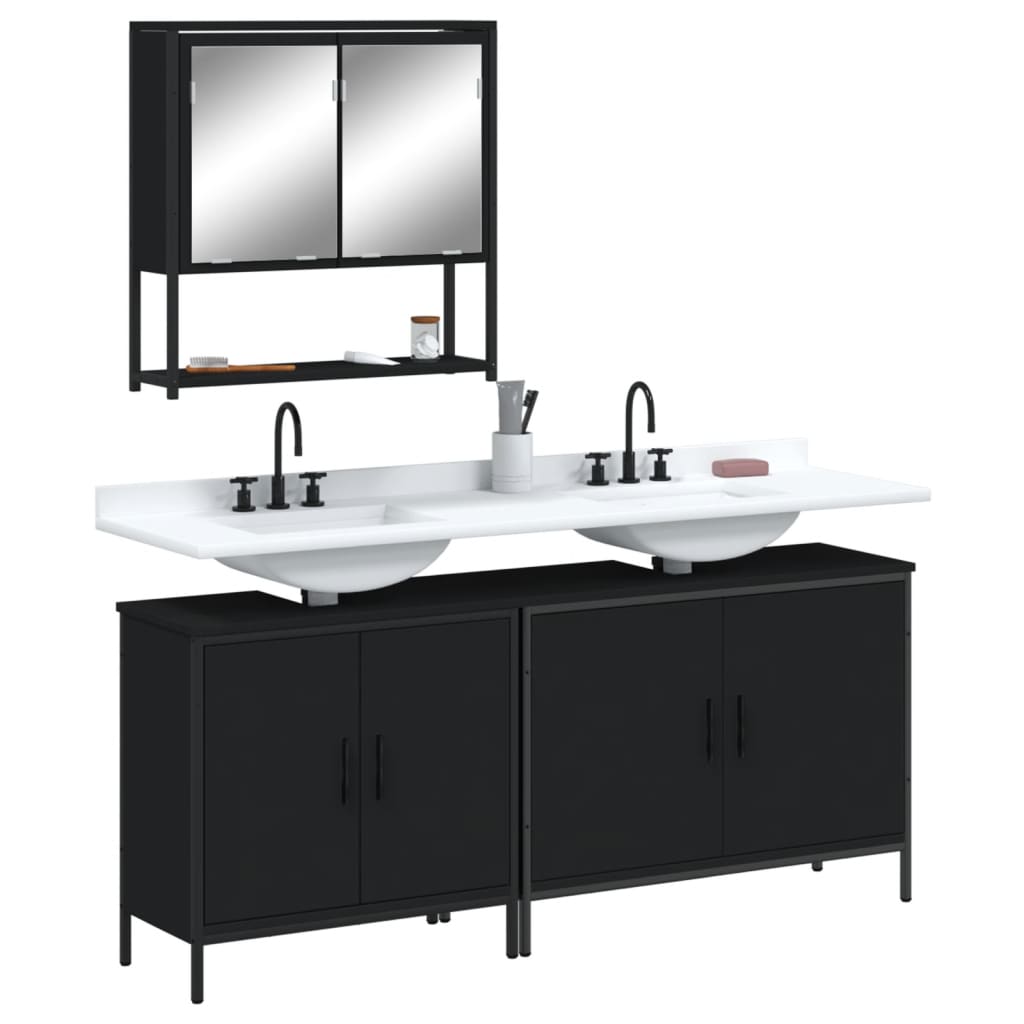 vidaXL Set mobilier de baie, 3 piese, negru, lemn compozit vidaXL Set mobilier de baie, 3 piese, negru, lemn compozit