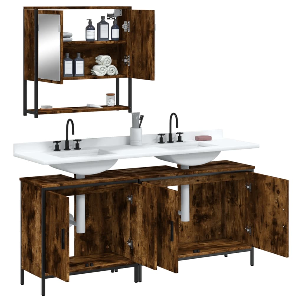 vidaXL Set mobilier de baie, 3 piese, stejar fumuriu, lemn prelucrat vidaXL Set mobilier de baie, 3 piese, stejar fumuriu, lemn prelucrat