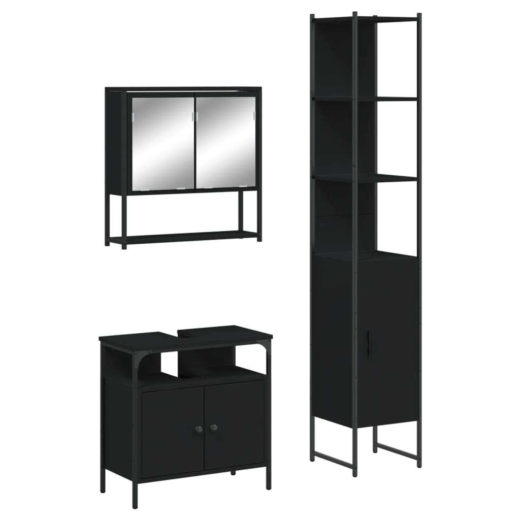 vidaXL Set mobilier de baie, 3 piese, negru, lemn compozit vidaXL Set mobilier de baie, 3 piese, negru, lemn compozit