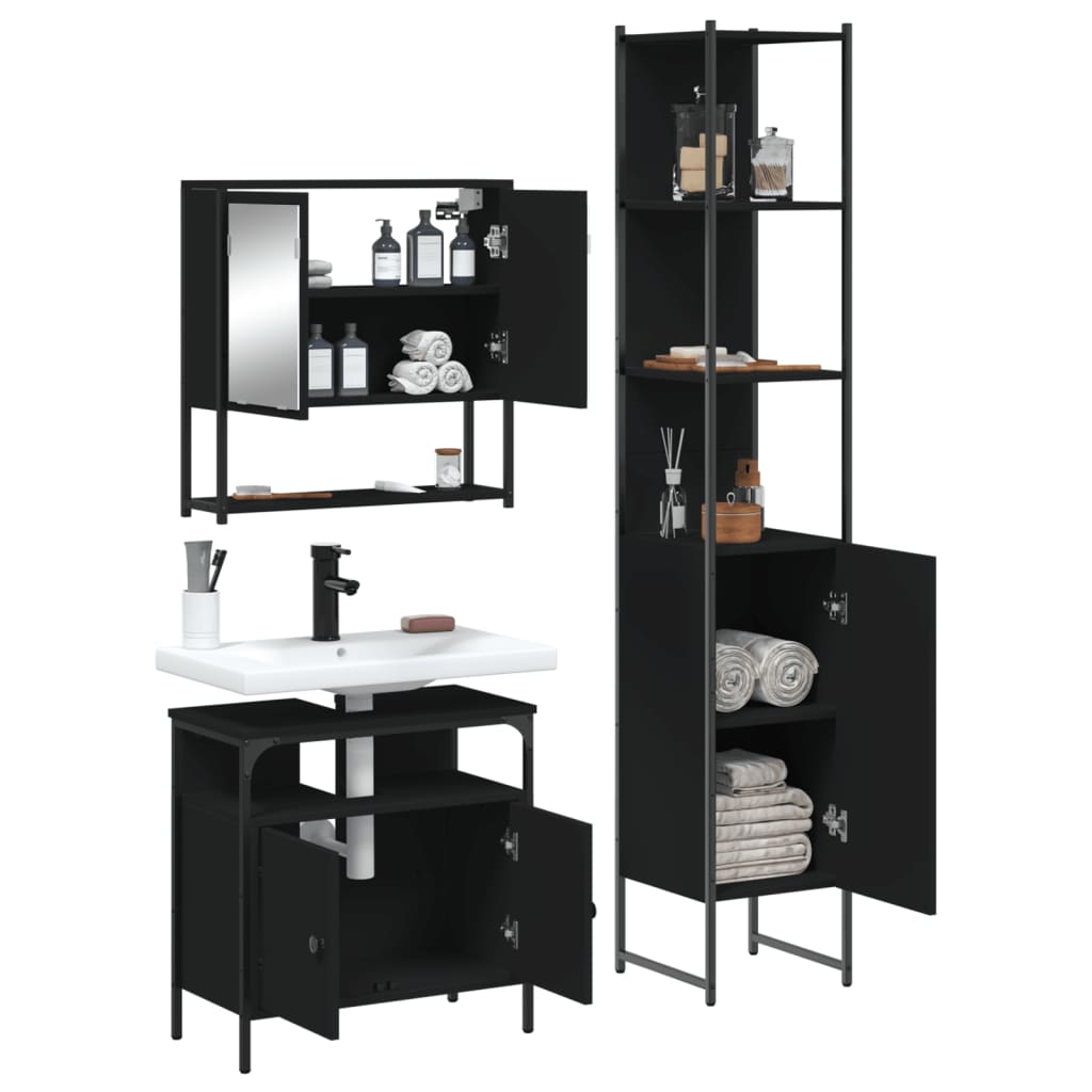 vidaXL Set mobilier de baie, 3 piese, negru, lemn compozit vidaXL Set mobilier de baie, 3 piese, negru, lemn compozit