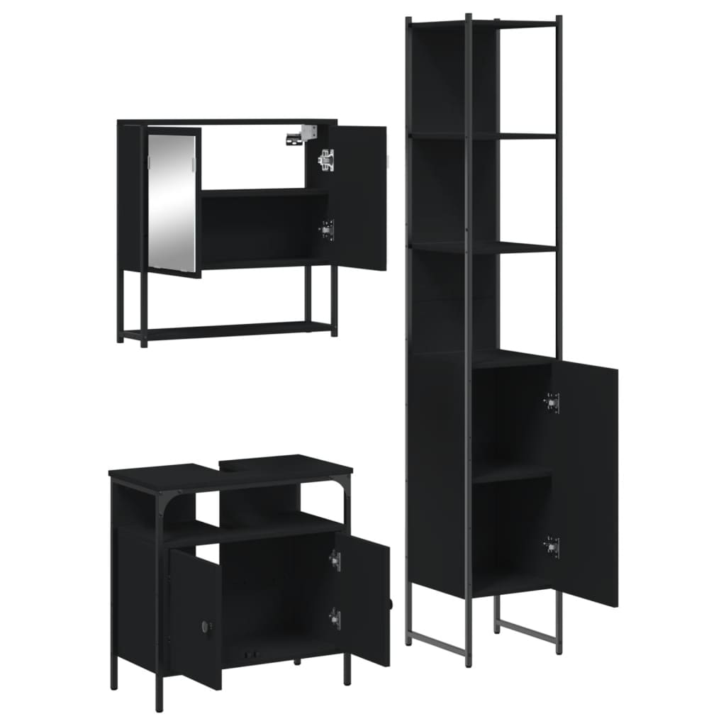 vidaXL Set mobilier de baie, 3 piese, negru, lemn compozit vidaXL Set mobilier de baie, 3 piese, negru, lemn compozit