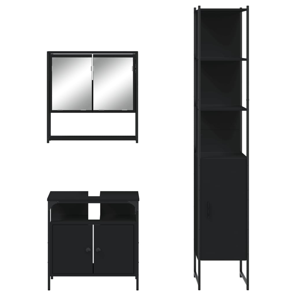 vidaXL Set mobilier de baie, 3 piese, negru, lemn compozit vidaXL Set mobilier de baie, 3 piese, negru, lemn compozit