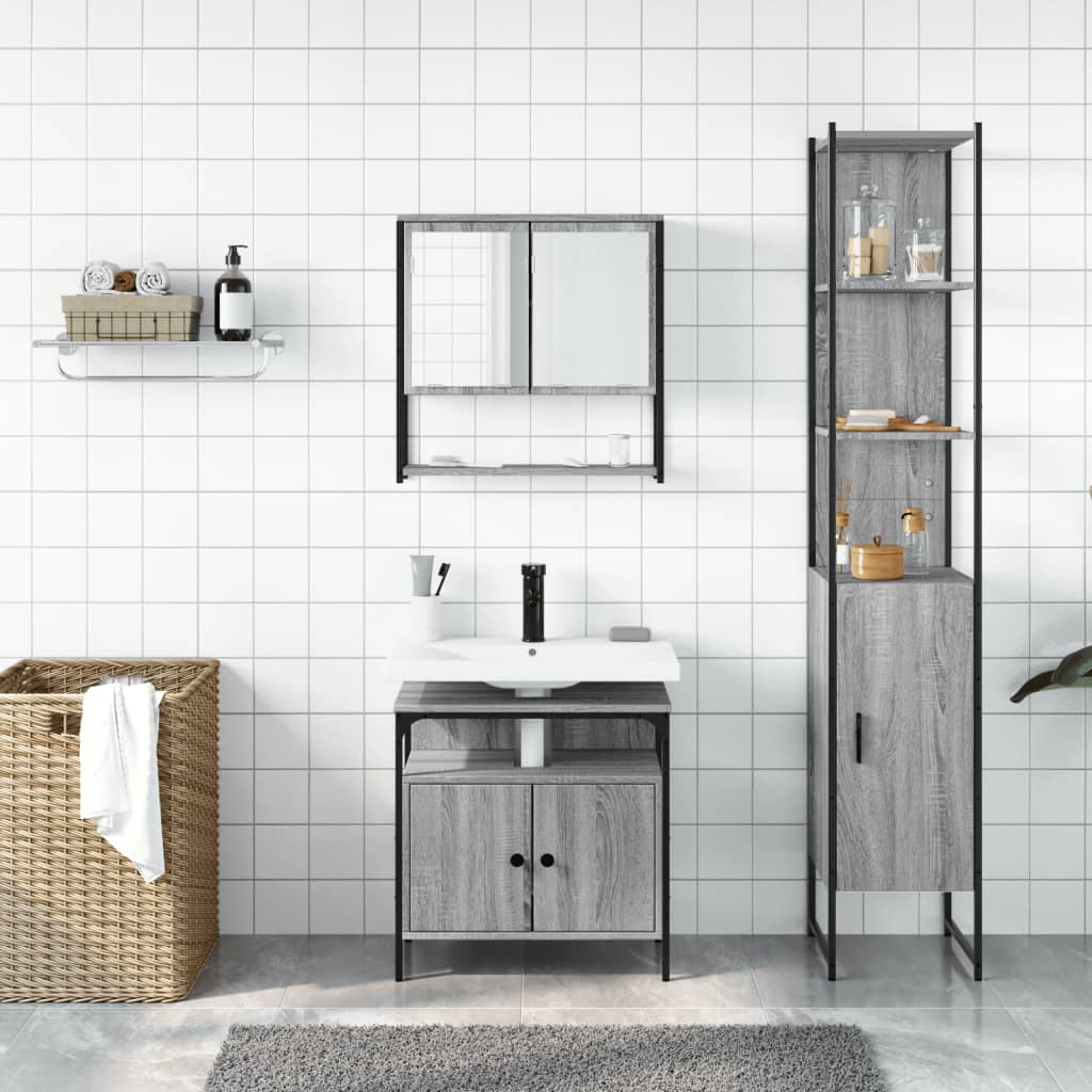 vidaXL Set mobilier de baie, 3 piese, gri sonoma, lemn prelucrat vidaXL Set mobilier de baie, 3 piese, gri sonoma, lemn prelucrat