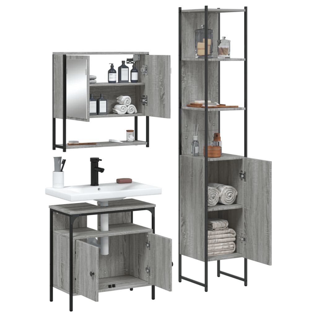 vidaXL Set mobilier de baie, 3 piese, gri sonoma, lemn prelucrat vidaXL Set mobilier de baie, 3 piese, gri sonoma, lemn prelucrat