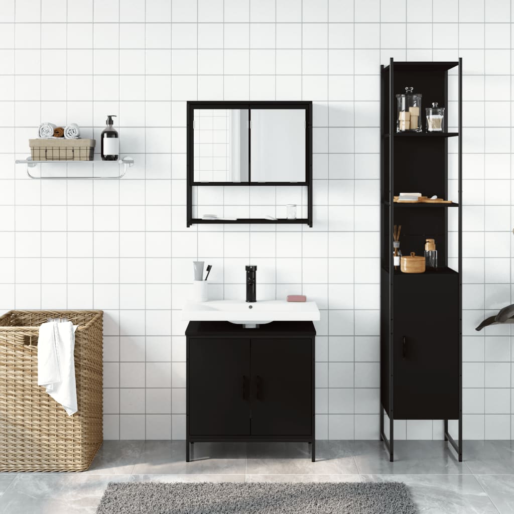 vidaXL Set mobilier de baie, 3 piese, negru, lemn compozit vidaXL Set mobilier de baie, 3 piese, negru, lemn compozit