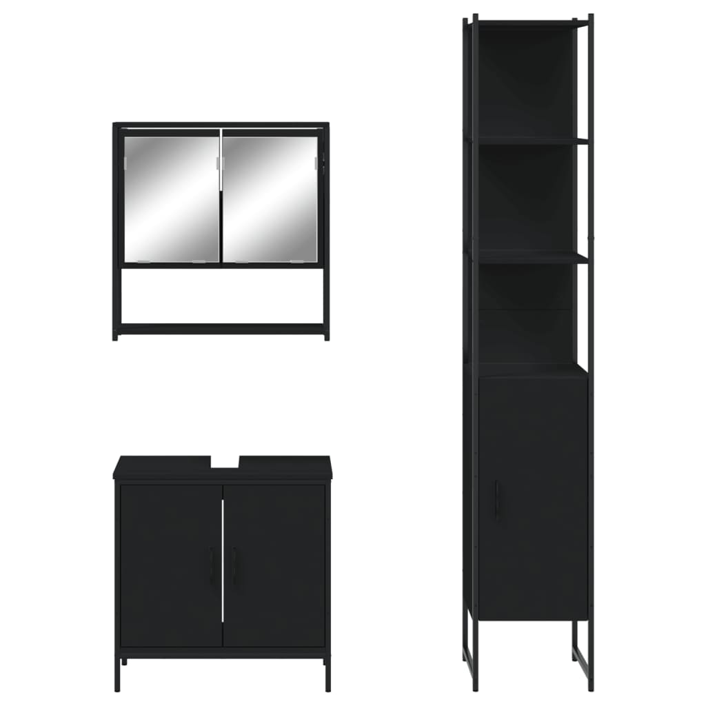 vidaXL Set mobilier de baie, 3 piese, negru, lemn compozit vidaXL Set mobilier de baie, 3 piese, negru, lemn compozit