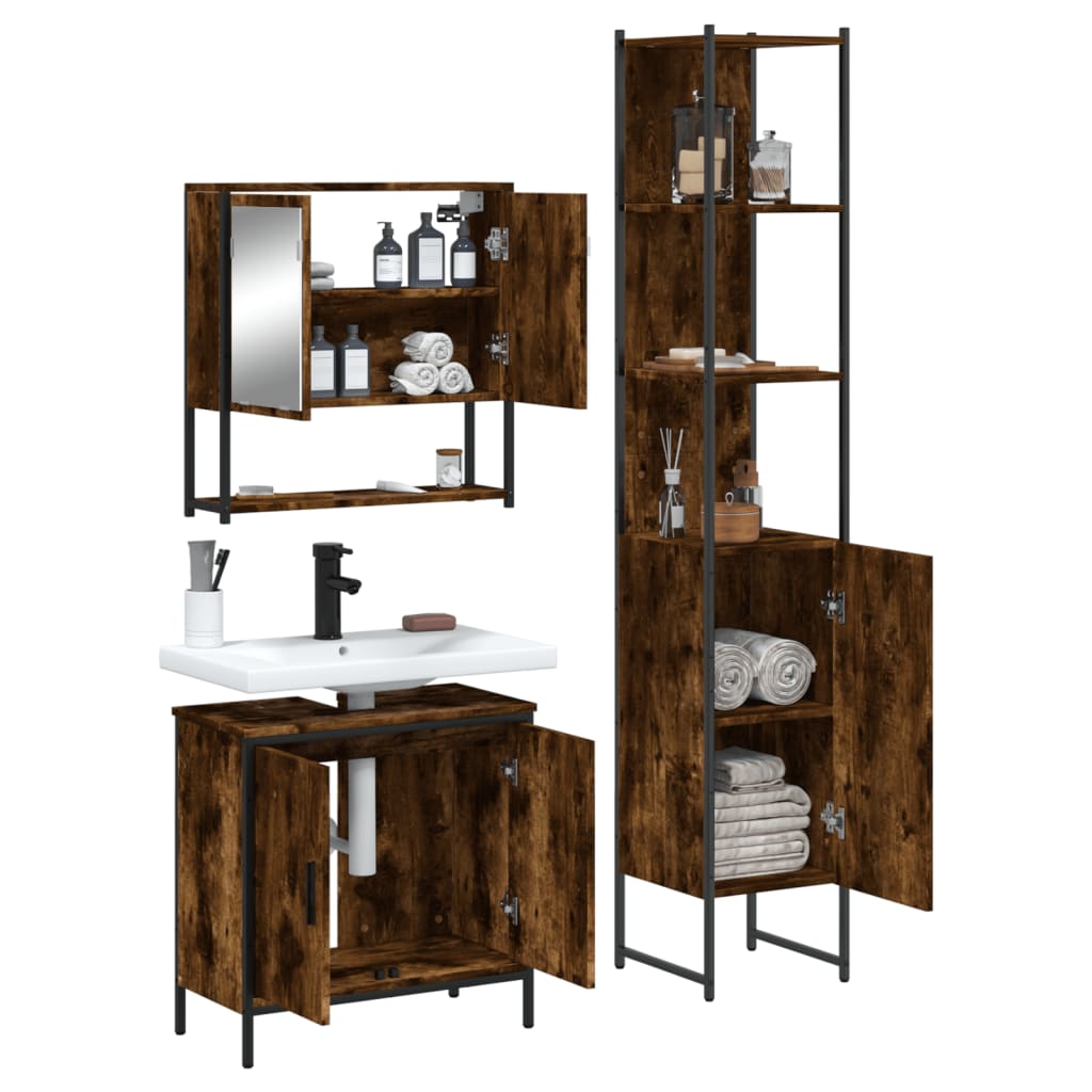 vidaXL Set mobilier de baie, 3 piese, stejar fumuriu, lemn prelucrat