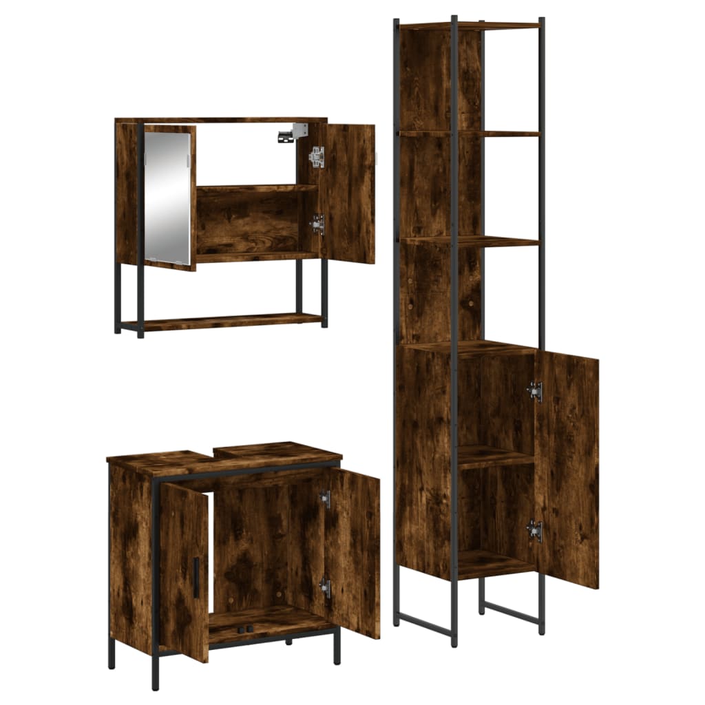 vidaXL Set mobilier de baie, 3 piese, stejar fumuriu, lemn prelucrat