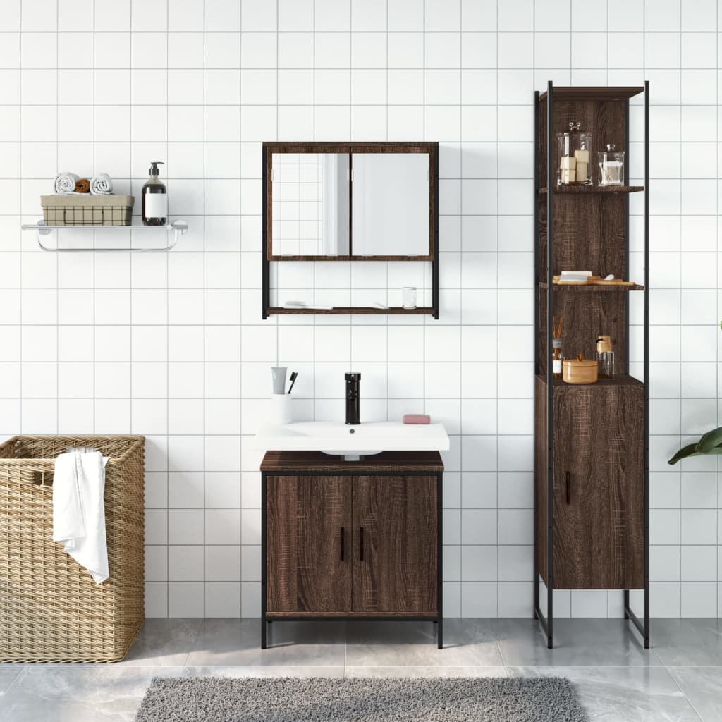 vidaXL Set mobilier de baie, 3 piese, stejar maro, lemn prelucrat
