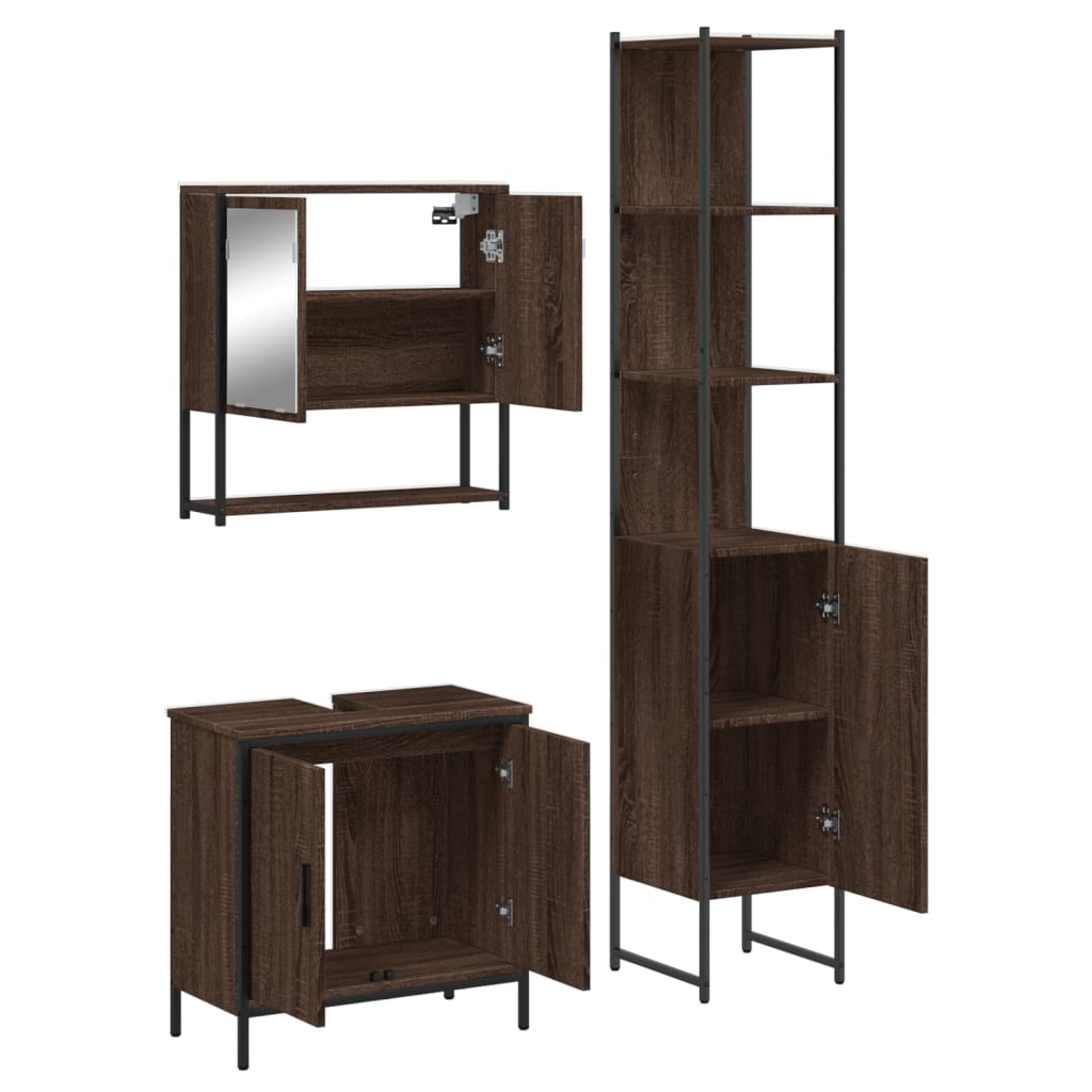 vidaXL Set mobilier de baie, 3 piese, stejar maro, lemn prelucrat