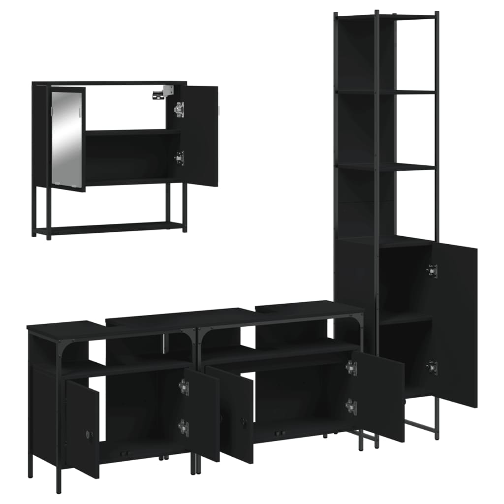 vidaXL Set mobilier de baie, 4 piese, negru, lemn prelucrat