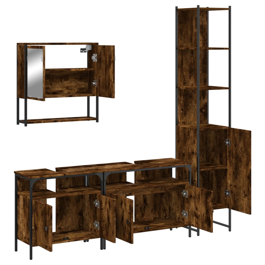 vidaXL Set mobilier de baie, 4 piese, stejar fumuriu, lemn prelucrat