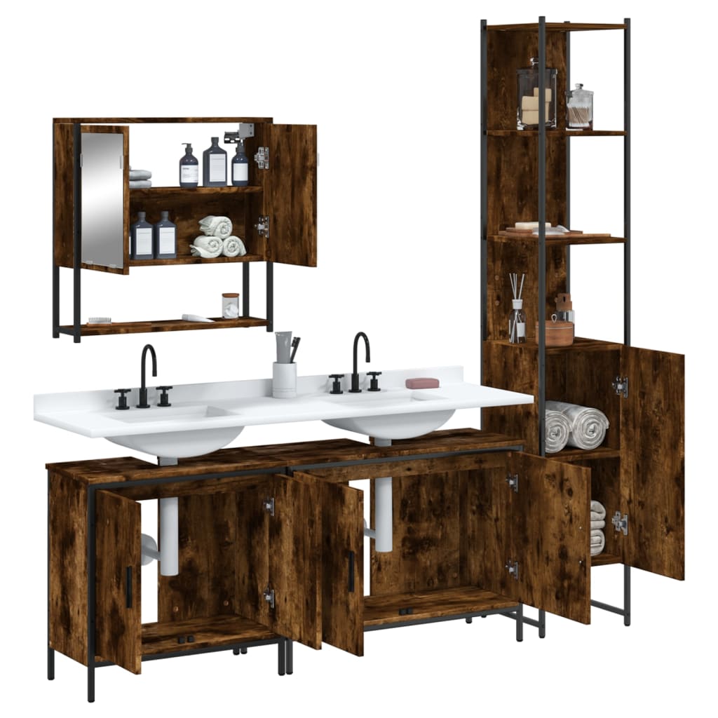 vidaXL Set mobilier de baie, 4 piese, stejar fumuriu, lemn prelucrat