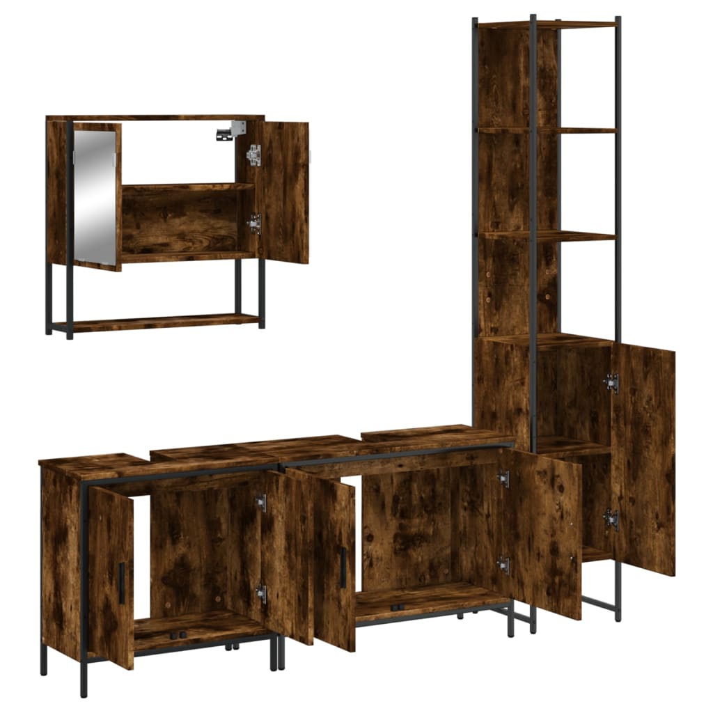 vidaXL Set mobilier de baie, 4 piese, stejar fumuriu, lemn prelucrat