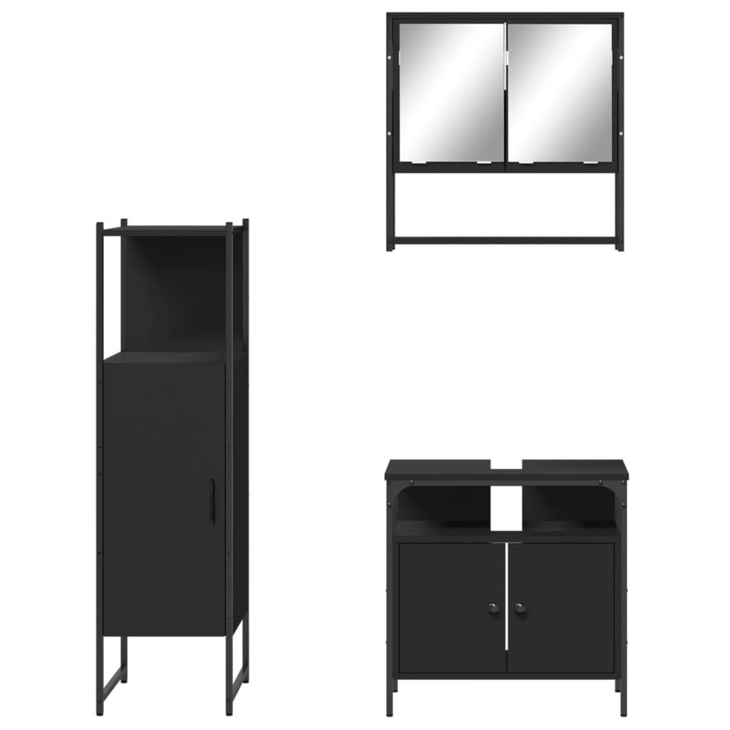 vidaXL Set mobilier de baie, 3 piese, negru, lemn compozit vidaXL Set mobilier de baie, 3 piese, negru, lemn compozit