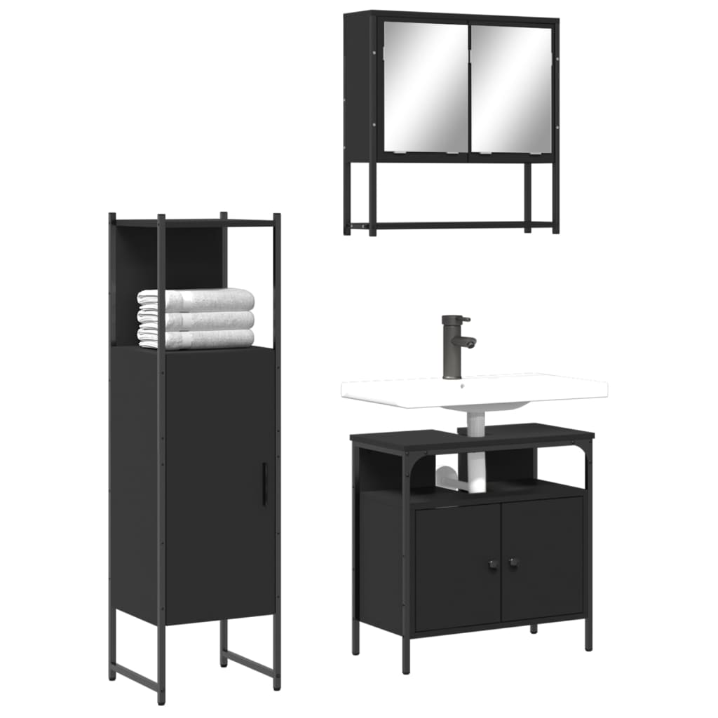 vidaXL Set mobilier de baie, 3 piese, negru, lemn compozit vidaXL Set mobilier de baie, 3 piese, negru, lemn compozit