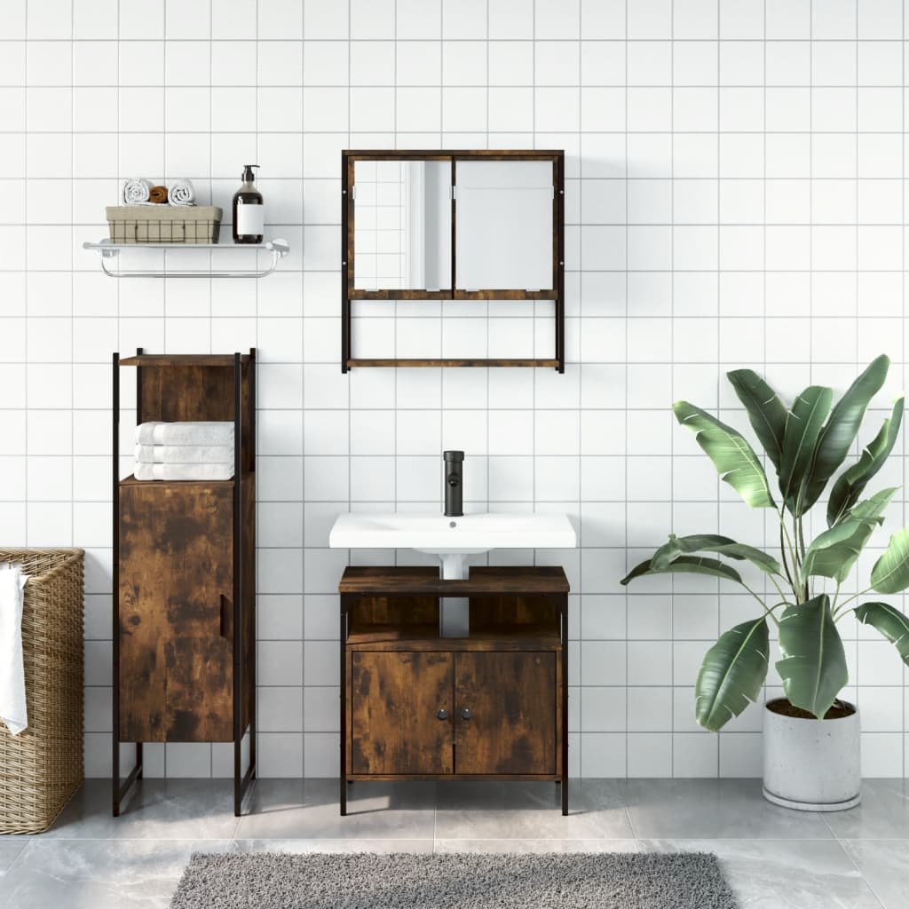 vidaXL Set mobilier de baie, 3 piese, stejar fumuriu, lemn prelucrat vidaXL Set mobilier de baie, 3 piese, stejar fumuriu, lemn prelucrat