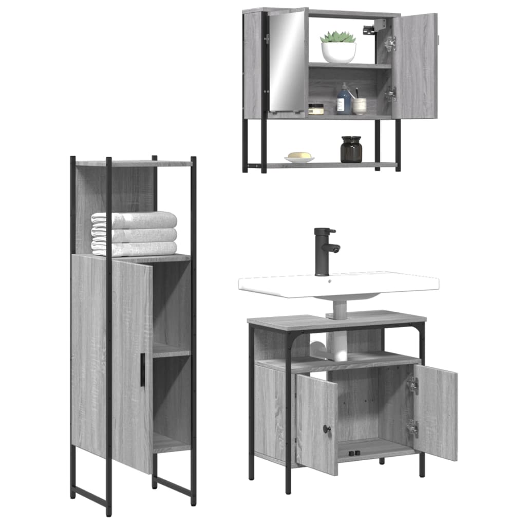 vidaXL Set mobilier de baie, 3 piese, gri sonoma, lemn prelucrat vidaXL Set mobilier de baie, 3 piese, gri sonoma, lemn prelucrat