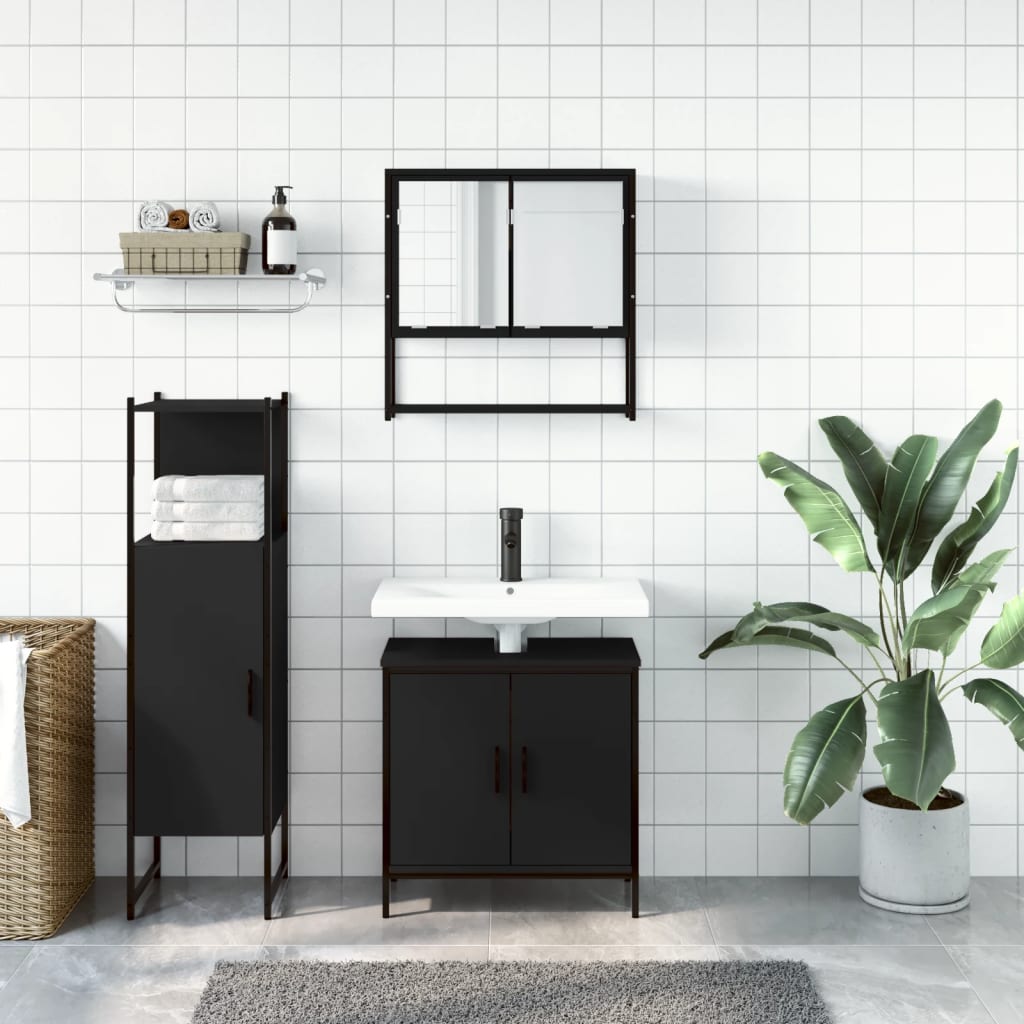 vidaXL Set mobilier de baie, 3 piese, negru, lemn compozit vidaXL Set mobilier de baie, 3 piese, negru, lemn compozit