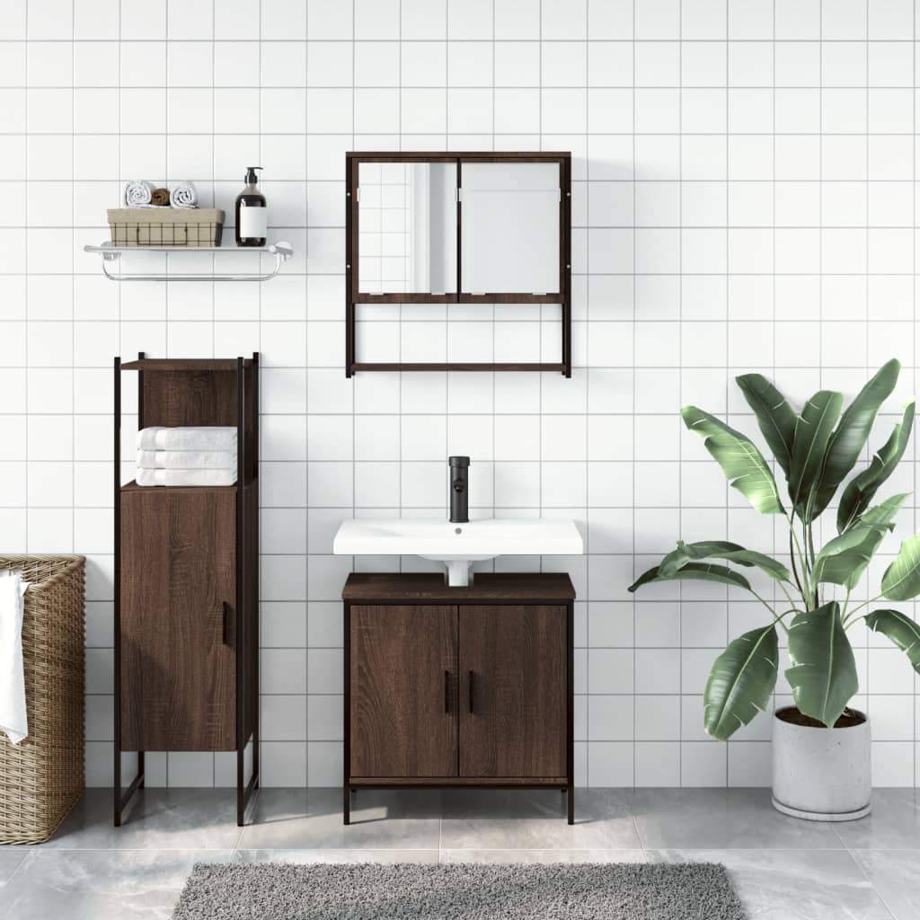 vidaXL Set mobilier de baie, 3 piese, stejar maro, lemn prelucrat