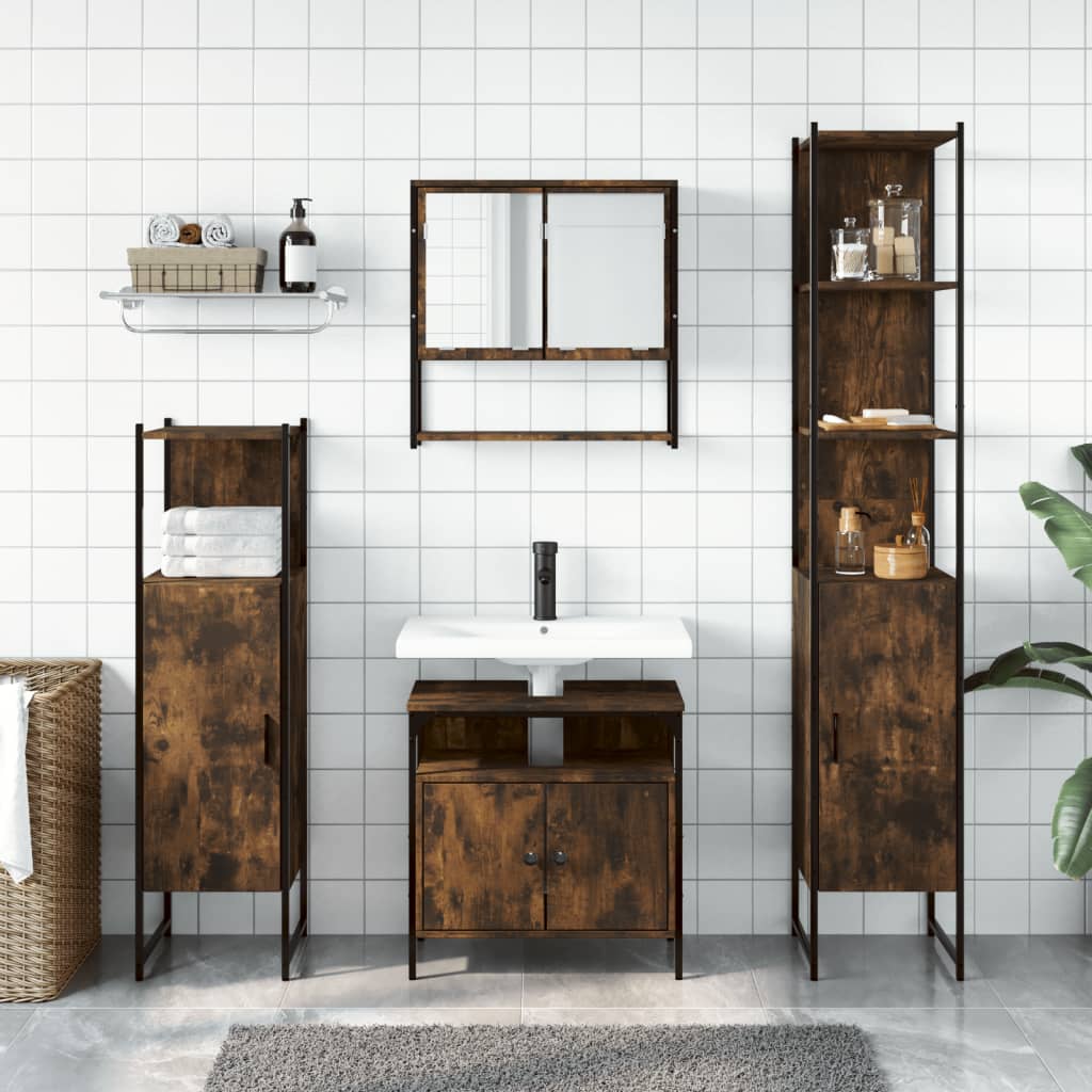 vidaXL Set mobilier de baie, 4 piese, stejar fumuriu, lemn prelucrat