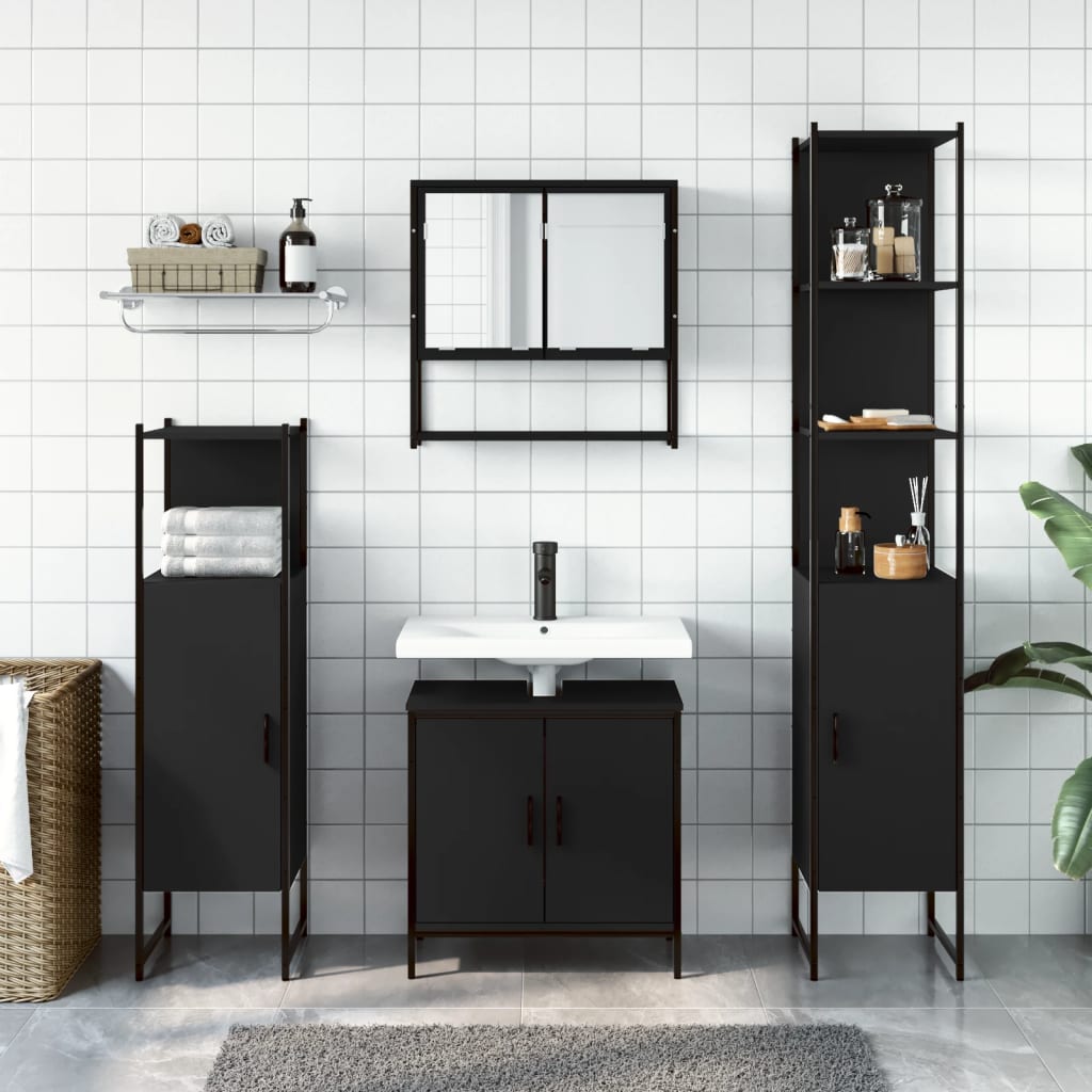 vidaXL Set mobilier de baie, 4 piese, negru, lemn prelucrat
