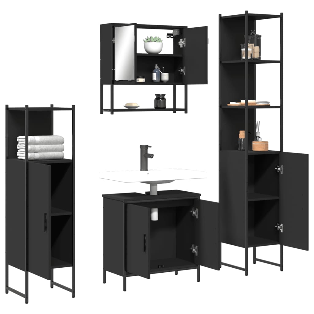 vidaXL Set mobilier de baie, 4 piese, negru, lemn prelucrat