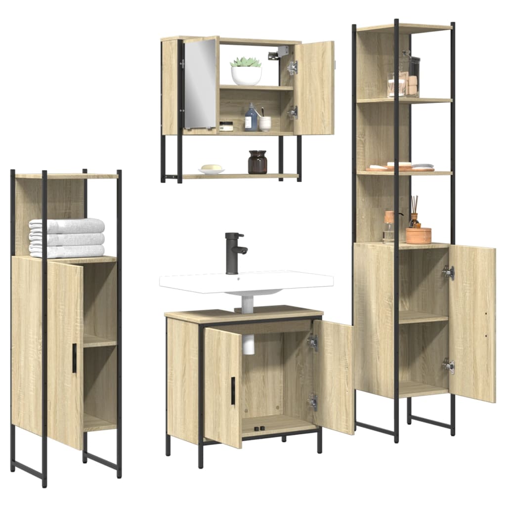 vidaXL Set mobilier de baie, 4 piese, stejar fumuriu, lemn prelucrat