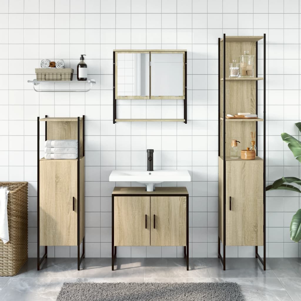 vidaXL Set mobilier de baie, 4 piese, stejar fumuriu, lemn prelucrat