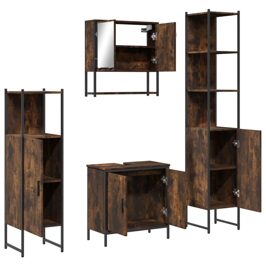 vidaXL Set mobilier de baie, 4 piese, stejar fumuriu, lemn prelucrat