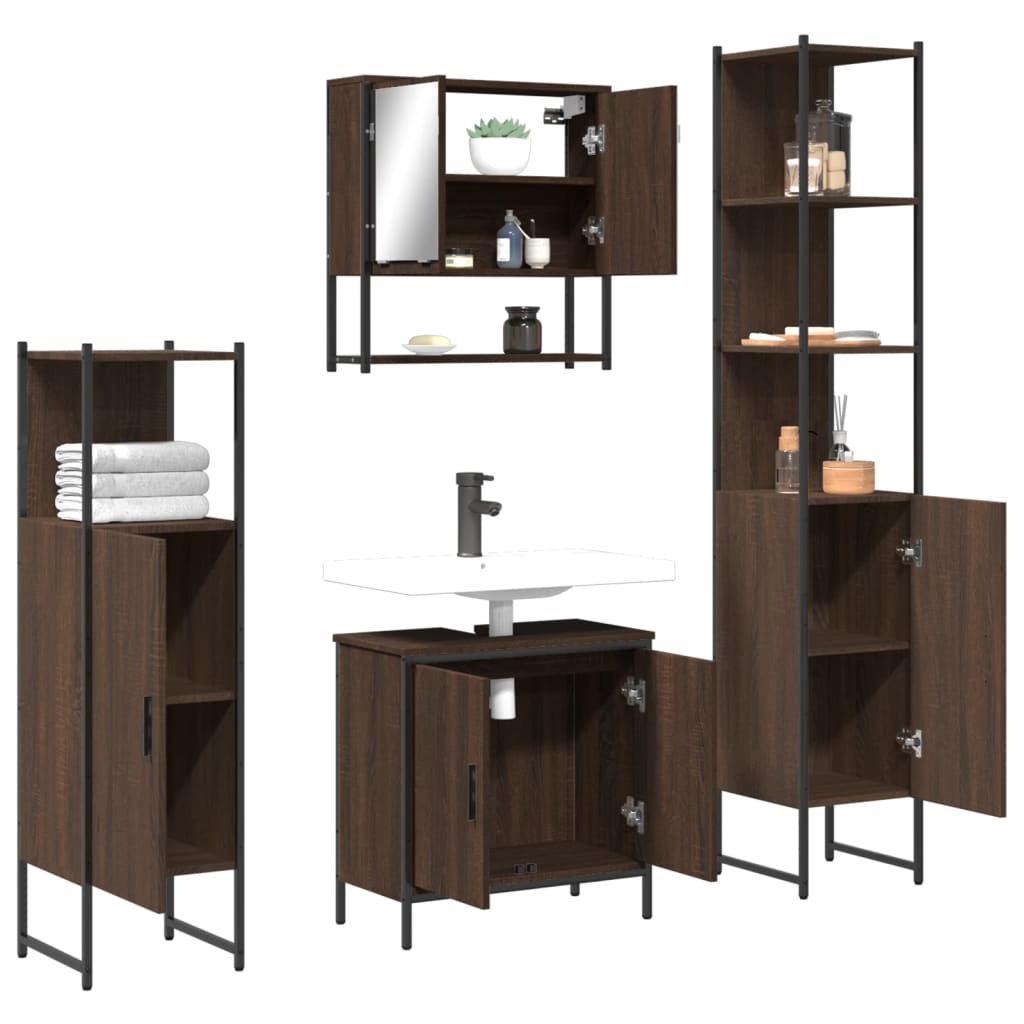 vidaXL Set mobilier de baie, 4 piese, stejar maro, lemn prelucrat