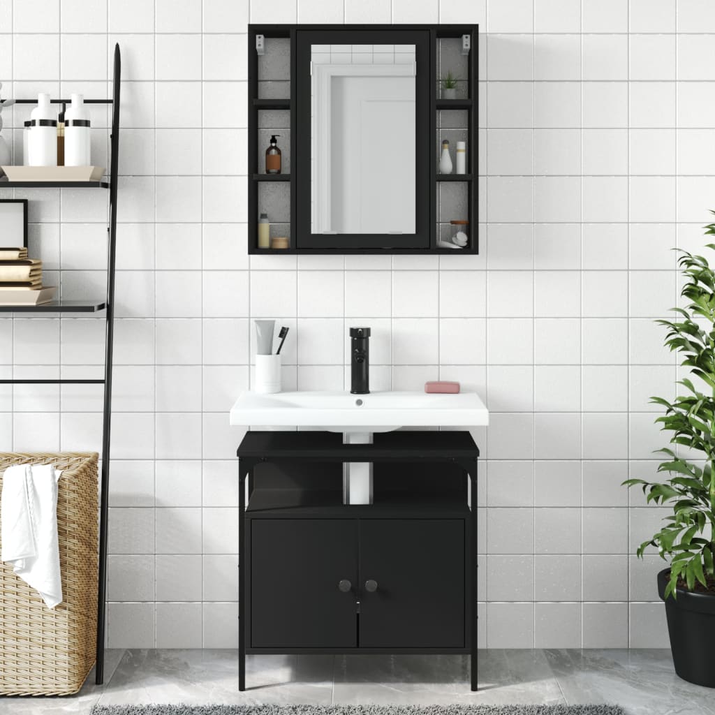 vidaXL Set mobilier de baie, 2 piese, negru, lemn compozit vidaXL Set mobilier de baie, 2 piese, negru, lemn compozit