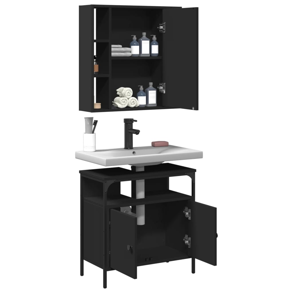 vidaXL Set mobilier de baie, 2 piese, negru, lemn compozit vidaXL Set mobilier de baie, 2 piese, negru, lemn compozit