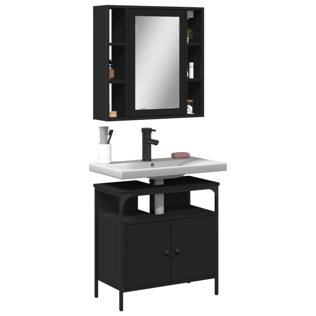 vidaXL Set mobilier de baie, 2 piese, negru, lemn compozit vidaXL Set mobilier de baie, 2 piese, negru, lemn compozit