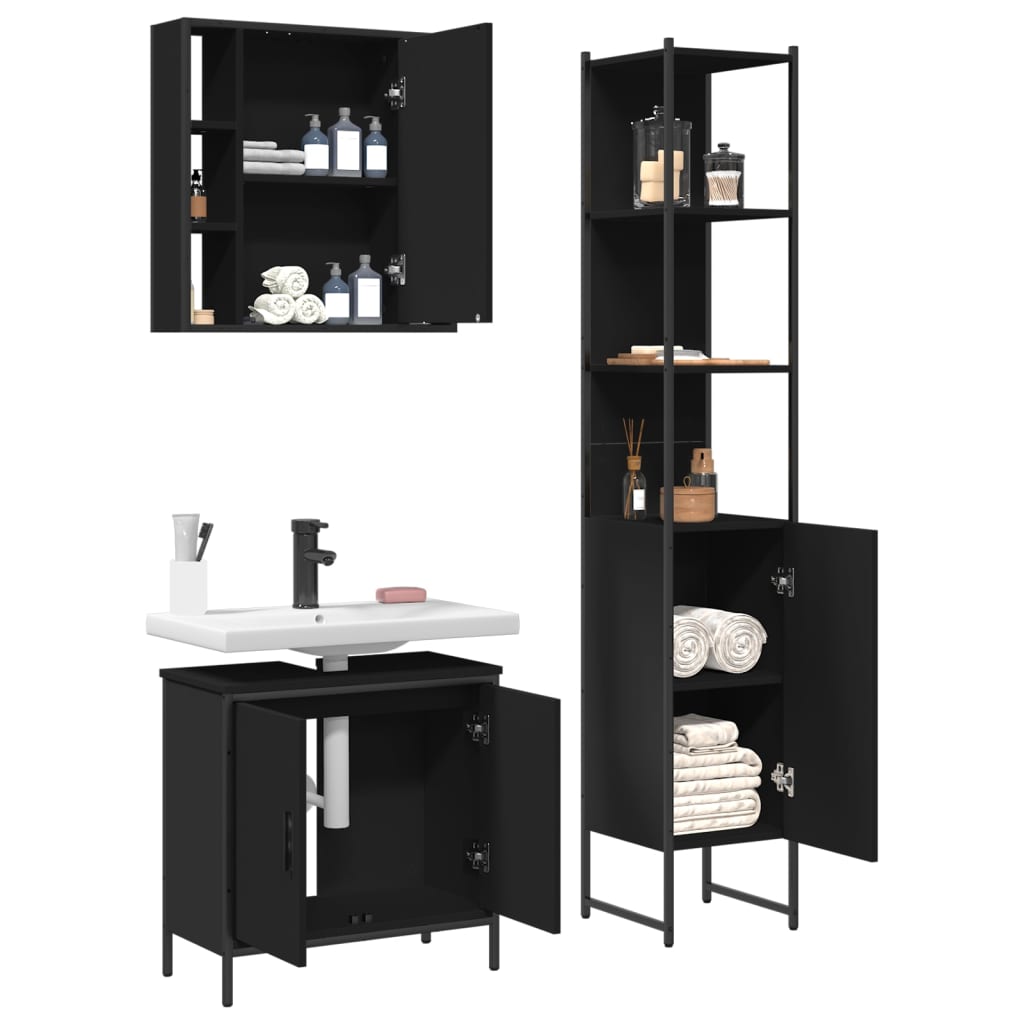 vidaXL Set dulapuri de baie, 3 piese, negru, lemn prelucrat vidaXL Set dulapuri de baie, 3 piese, negru, lemn prelucrat