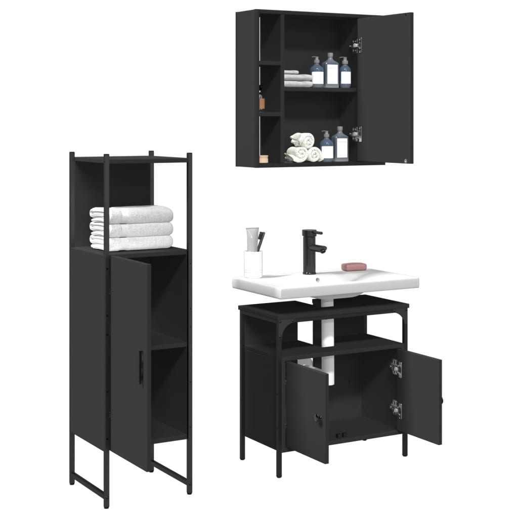 vidaXL Set dulapuri de baie, 3 piese, negru, lemn prelucrat vidaXL Set dulapuri de baie, 3 piese, negru, lemn prelucrat
