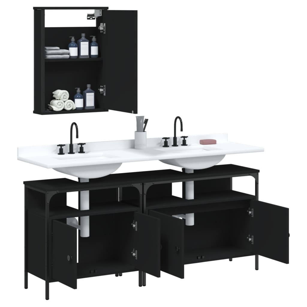 vidaXL Set mobilier de baie, 3 piese, negru, lemn compozit vidaXL Set mobilier de baie, 3 piese, negru, lemn compozit