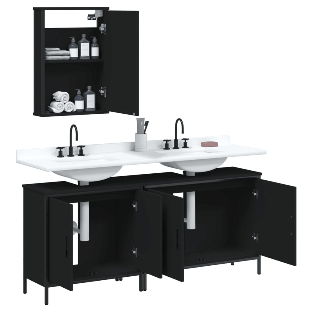 vidaXL Set mobilier de baie, 3 piese, negru, lemn compozit vidaXL Set mobilier de baie, 3 piese, negru, lemn compozit