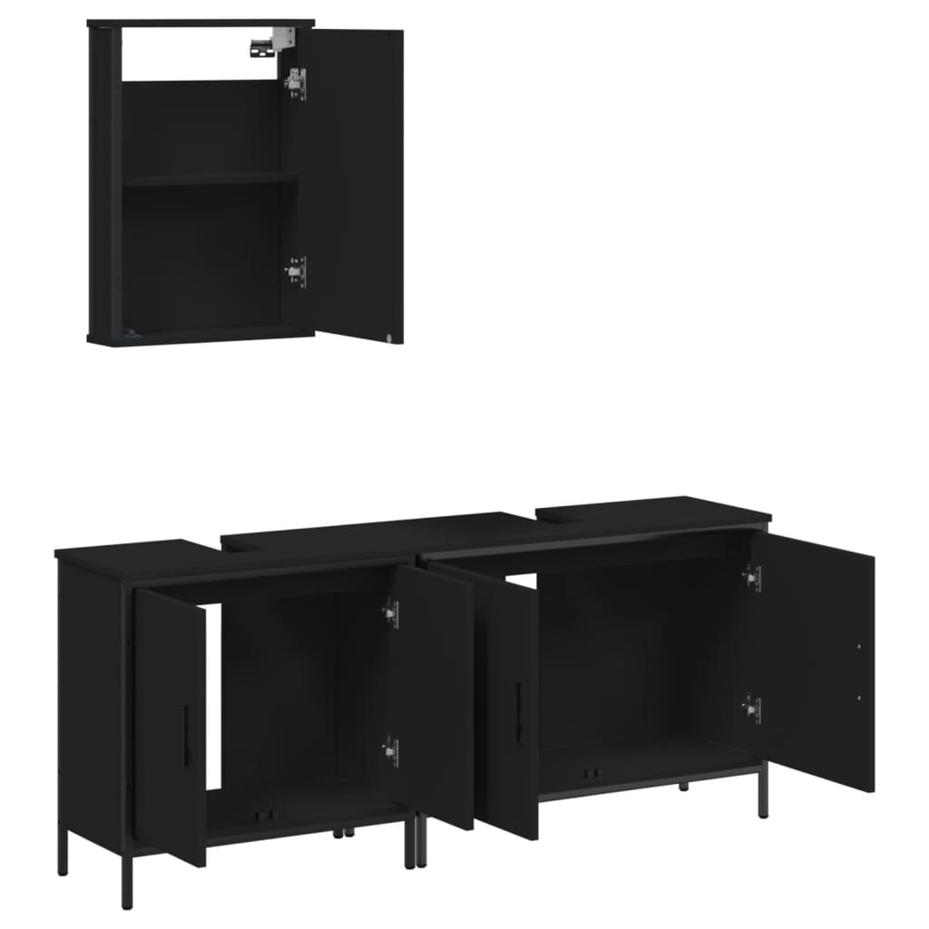 vidaXL Set mobilier de baie, 3 piese, negru, lemn compozit vidaXL Set mobilier de baie, 3 piese, negru, lemn compozit