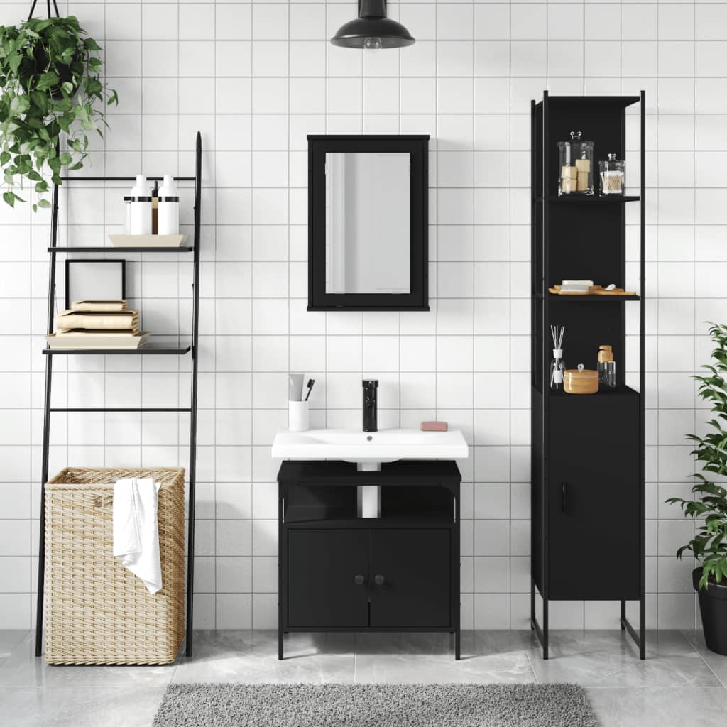 vidaXL Set mobilier de baie, 3 piese, negru, lemn compozit vidaXL Set mobilier de baie, 3 piese, negru, lemn compozit