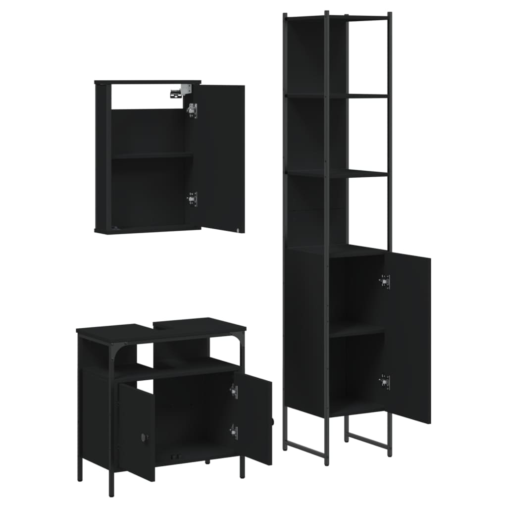 vidaXL Set mobilier de baie, 3 piese, negru, lemn compozit vidaXL Set mobilier de baie, 3 piese, negru, lemn compozit