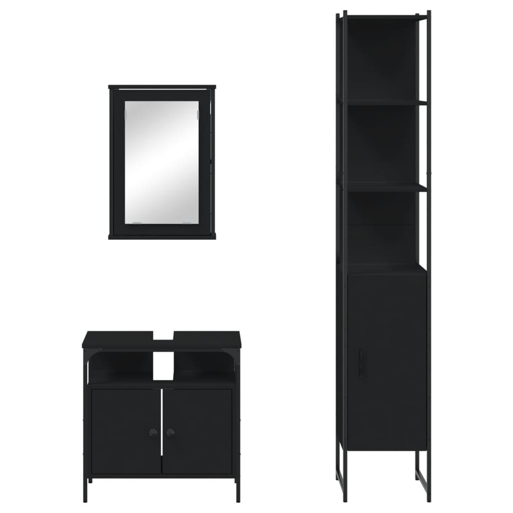 vidaXL Set mobilier de baie, 3 piese, negru, lemn compozit vidaXL Set mobilier de baie, 3 piese, negru, lemn compozit